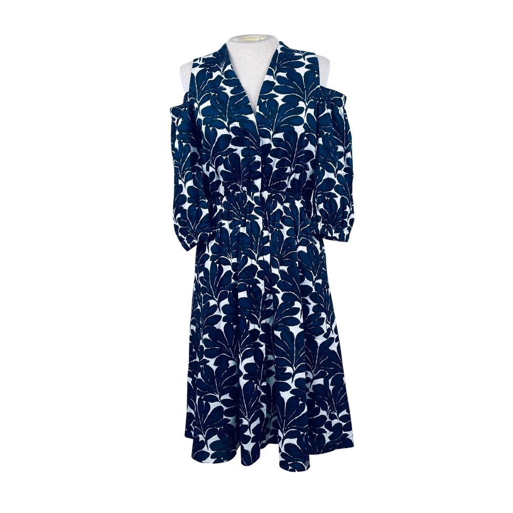 Donna Karan New York Navy White Leaf Print Cold Shoulder Midi Dress Size 4